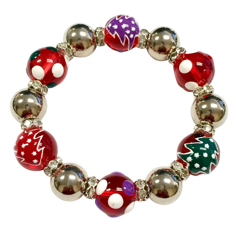 Luxury Painted Christmas Tree and Dots Glass Beaded Stretch Bracelet - fionaaccessories.com