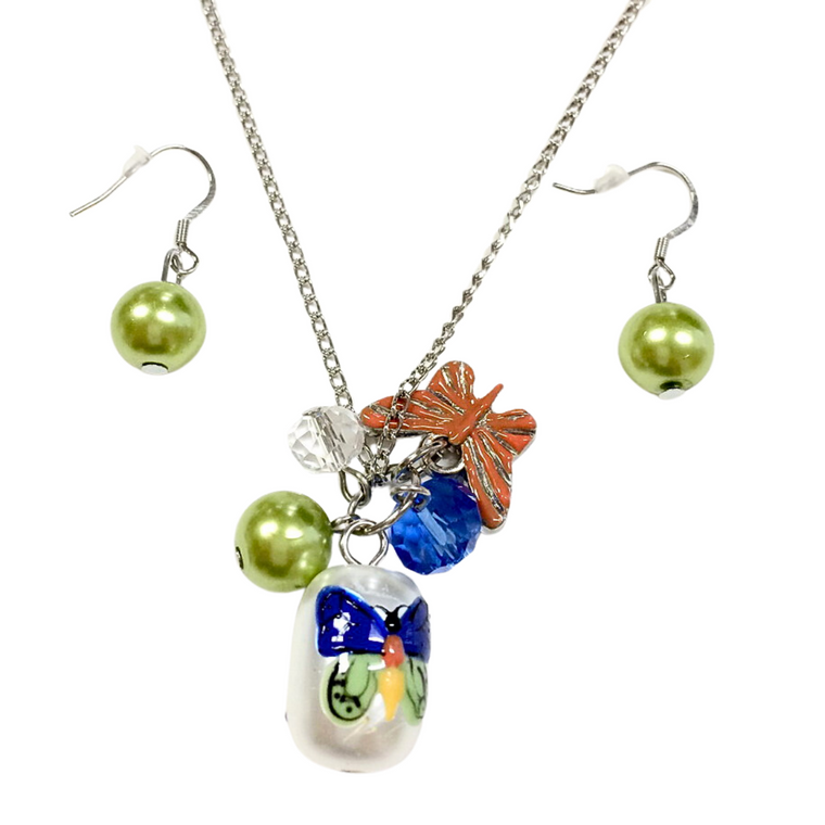 Painted Spring Blue Butterfly Glass Bead Necklace with Earrings Set (NE-3050A)