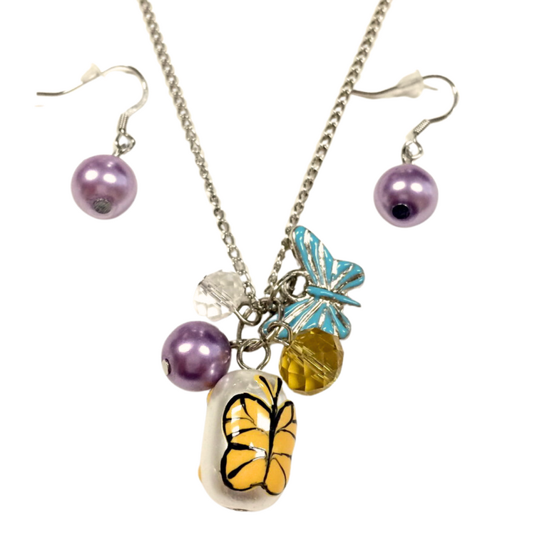 Painted Spring Yellow Butterfly Glass Bead Necklace with Earrings Set (NE-3050B)