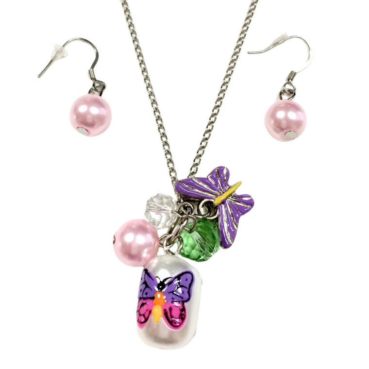 Painted Spring Pink Purple Butterfly Glass Bead Necklace with Earrings Set (NE-3050C)