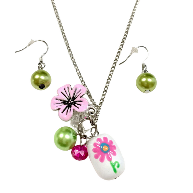 Painted Spring Pink Flower Glass Bead Necklace with Earrings Set (NE-3050E)