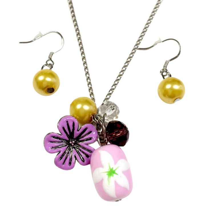 Painted Pink Flower Glass Bead Necklace with Earrings Set (NE-3050H)