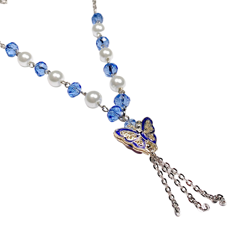 Painted Blue Butterfly Glass Crystal Beaded Chain Necklace (NE-3090)