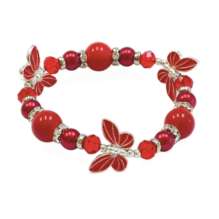 Red Butterfly Glass Beaded Stretch Bracelet