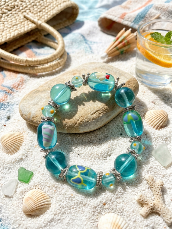 Blue Beach Hand Painted Bead Stretch Bracelet - Fiona