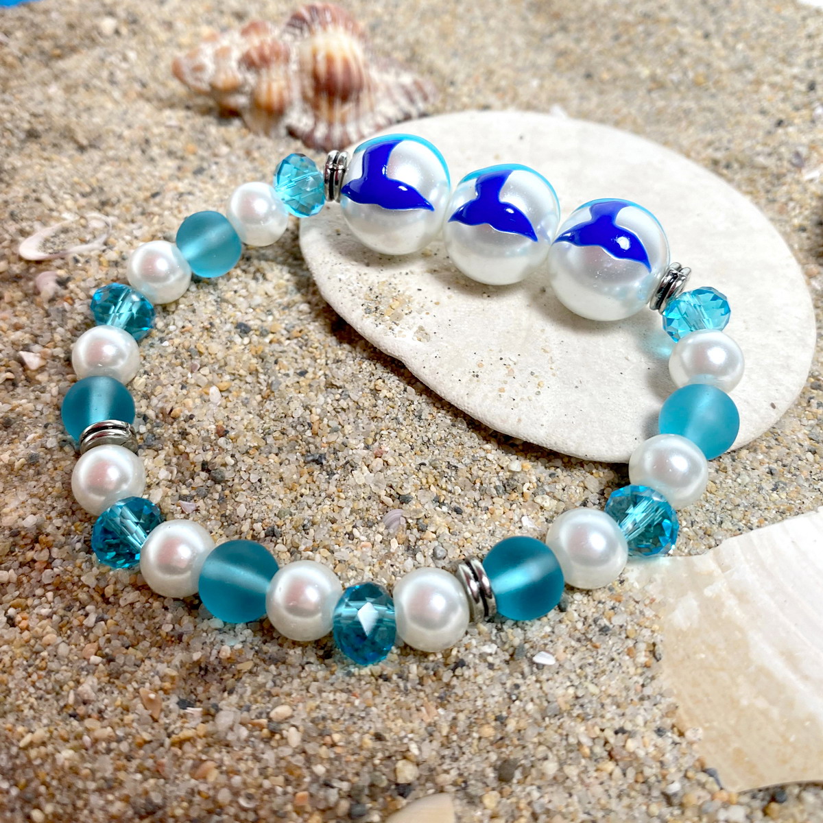 Turquoise, Sea Glass & White Edison Pearl Elastic Bracelet with Ocean –  Aurora Creative Jewellery