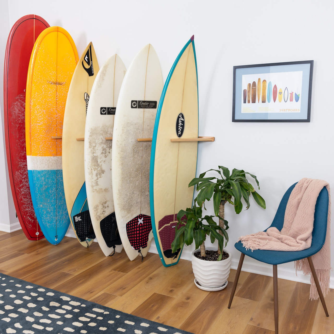 Vertical Surfboard Wall Rack | Solid Oak Wood | 6 Surfboard