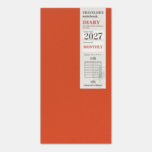 TRAVELER'S Notebook 2027 Monthly Diary Regular Size refill set with guide and customized sticker. / Recharge de calendrier mensuel 2027 pour TRAVELER'S Notebook taille régulière avec guide et autocollant personnalisé.