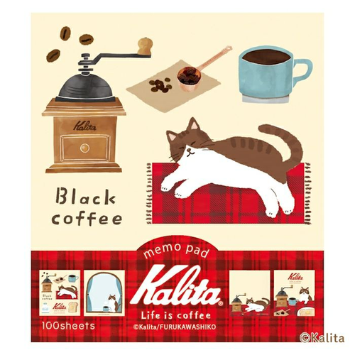 A limited-edition Furukawa Shiko x Kalita Memo Pad - Black Coffee (LM347), showing four assorted paper designs with coffee-themed illustrations, bound together. Un bloc-notes Furukawa Shiko x Kalita en édition limitée - Black Coffee (LM347), présentant quatre motifs de papier assortis avec des illustrations sur le thème du café, reliés ensemble.