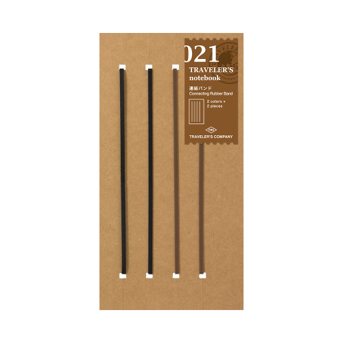 TRAVELER'S Notebook 021 Connecting Bands for Regular Size notebook inserts shown in classic black and brown rubber. / Bandes de connexion TRAVELER'S Notebook 021 pour recharges taille Régulière présentées en caoutchouc noir et marron classique.