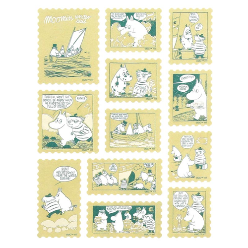 HIGHTIDE x Moomin Stamp Style Sticker sheet in Yellow, featuring various postage-stamp-shaped stickers with Moomin characters and gold foil accents. Planche de stickers HIGHTIDE x Moomin style timbre en Jaune, comprenant divers autocollants en forme de timbres-poste avec des illustrations Moomin et des accents dorés.