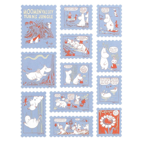 HIGHTIDE x Moomin Stamp Style Sticker sheet in Blue, featuring postage-stamp-shaped stickers with Moomintroll illustrations and shimmering gold foil details. Planche de stickers HIGHTIDE x Moomin style timbre en Bleu, comprenant des autocollants en forme de timbres avec des illustrations de Moomintroll et des détails dorés.