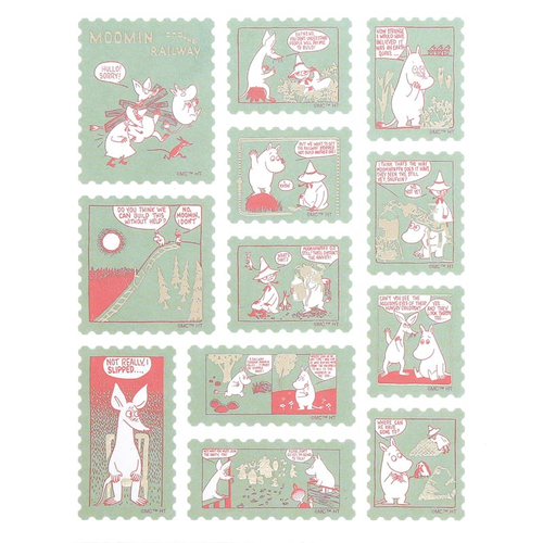 HIGHTIDE x Moomin Stamp Style Sticker sheet in Green, featuring Snufkin and forest-themed postage stamp stickers with gold foil accents. Planche de stickers HIGHTIDE x Moomin style timbre en Vert, comprenant des autocollants de Snufkin et de la forêt avec des accents dorés.