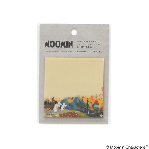 HIGHTIDE x Moomin Tracing Paper Sticky Notes (Moomin Valley Scenery) featuring a square translucent memo pad with a soft watercolor illustration of the Moomin family. Notes adhésives en papier calque HIGHTIDE x Moomin (Paysages de la Vallée), comprenant un bloc-notes translucide avec une illustration à l'aquarelle de la famille Moomin.