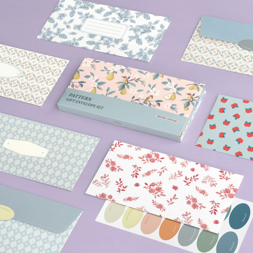 A collection of ICONIC Envelope Set - Pattern showing various colorful geometric and floral designs. Une collection de sets d'enveloppes à motifs ICONIC présentant divers designs géométriques et floraux colorés.