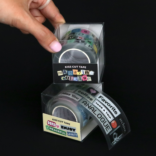 Two rolls of ICONIC Magazine Collage Kiss-cut PET Tape in 'Alphabet' and 'Words' options on a patterned background. Deux rouleaux de ruban PET ICONIC Magazine Collage (Kiss-cut) en options 'Alphabet' et 'Words' sur un fond décoratif.