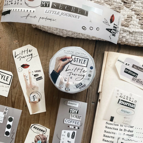 Mr. Eggplants Little Journey PET Tape featuring 3.5cm wide matte film with vintage magazine-style collage and doodle illustrations.