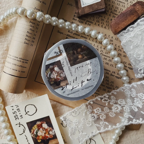 Mr. Eggplants Still Life PET Tape, 4cm wide, featuring artistic matte film designs of oil paintings, sketches, and vintage frames. Ruban adhésif PET Still Life par Mr. Eggplants, 4 cm de large, avec des motifs artistiques de peintures à l'huile, croquis et cadres vintage.