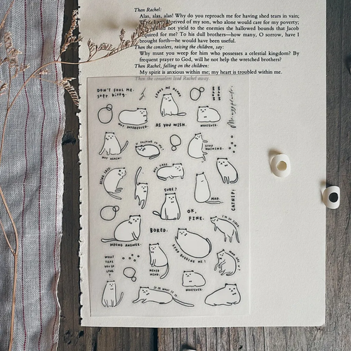 Mr. Eggplants Soft Kitty Transfer Sticker set featuring various hand-drawn illustrations of cats in lazy, soft poses on two 10x15cm sheets. Lot de stickers "Photo Booth" Mr. Eggplants comprenant deux bandes d'autocollants brillants verticaux avec des motifs de cadres vintage.