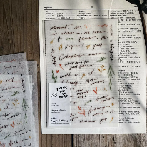 Mr. Eggplants Chapter One Transfer Sticker Set featuring two sheets of vintage-style scripts and literary illustrations with a matte finish. Lot de décalcomanies Mr. Eggplants "Chapter One" comprenant deux feuilles de textes de style vintage et d'illustrations littéraires avec un fini mat.