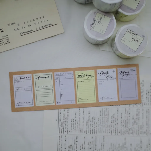 Mr. Eggplants Blank Note Sticky Memo Tape, 3cm wide, featuring perforated 3x5cm writeable paper notes with vintage frame designs. Ruban de notes adhésives Mr. Eggplants "Blank Note", 3 cm de large, avec des notes en papier perforées de 3x5 cm au design de cadres vintage.