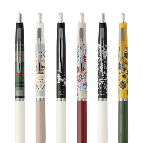 Pilot Acroball 0.5mm Christmas Market Limited Edition ballpoint pens. Six festive barrel designs including Parisian cafe patterns, carousels, and holly motifs. Black ink with a non-slip grip. Stylos à bille Pilot Acroball 0,5 mm Édition Limitée Marché de Noël. Six motifs festifs incluant des motifs de café parisien, carrousels et houx. Encre noire avec grip antidérapant.