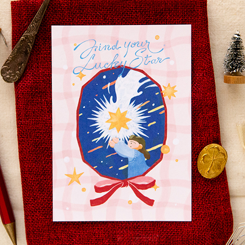 OURS Lucky Star Post Card "Wish" featuring a whimsical illustration of a character making a wish upon a glowing star. Premium Taiwanese stationery designed by KOOPA. Carte postale OURS Lucky Star "Vœu" avec une illustration féerique d'un personnage faisant un vœu sur une étoile brillante. Papeterie taïwanaise haut de gamme de KOOPA.