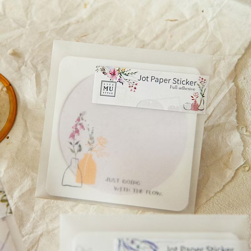 MU Jot Paper Sticker 03. A set of 12 matte stickers featuring muted watercolor washes and delicate botanical line art for journaling. Autocollants MU Jot Paper 03. Un lot de 12 autocollants mats avec des dégradés d'aquarelle feutrés et des dessins botaniques fins.