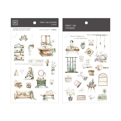 MU Print-On Sticker 273 Quiet Corner. A set of 2 transfer sticker sheets featuring cozy home furniture, plants, and quiet interior illustrations for journaling. Autocollants MU Print-On 273 Quiet Corner. Lot de 2 feuilles de décalcomanies avec des meubles de maison douillets, des plantes et des illustrations d'intérieur.