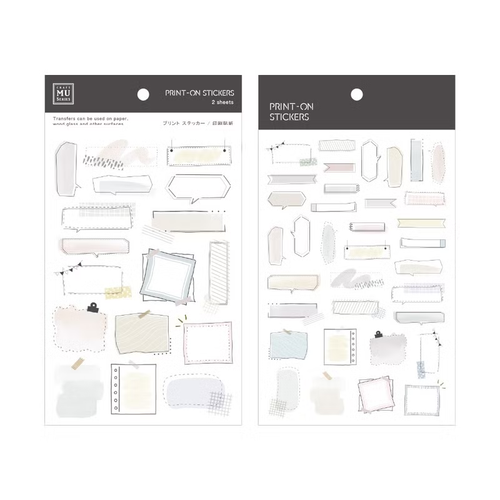 MU Print-On Sticker 275 Square Speech Bubbles. A set of 2 transfer sticker sheets featuring various square dialogue boxes and geometric frames for structured journaling. Autocollants MU Print-On 275 Bulles Carrées. Lot de 2 feuilles de décalcomanies avec divers encadrés géométriques et bulles de texte carrées.