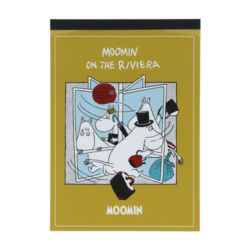 Sun-Star x Moomin A6 Memo Pad featuring "Moomin on the Riviera" comic art. A compact notepad with a clear PET cover and 4 different colorful character designs. Bloc-notes A6 Sun-Star x Moomin illustré par "Moomin sur la Riviera". Un petit carnet avec couverture PET et 4 designs colorés des personnages.