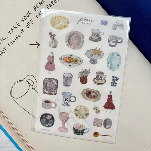 Pion Washi Sticker Sheet Pottery (陶器). A 10x15cm washi paper sticker sheet with pre-cut illustrations of girls with ceramic vases and pottery in earthy colors. Planche de stickers en papier Washi Pion Pottery (陶器). Une planche de stickers prédécoupés de 10x15 cm représentant des filles avec des vases en céramique.