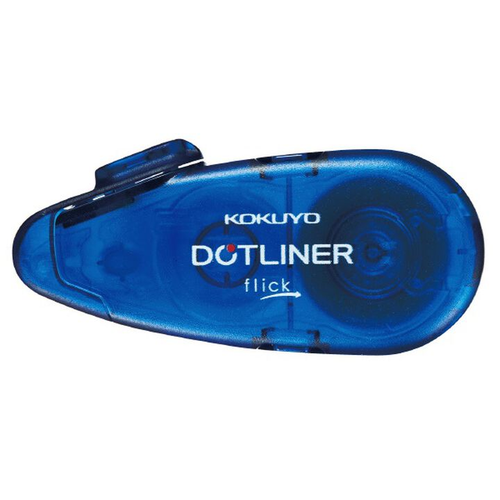 KOKUYO DotLiner Flick Glue Tape in Blue. A compact, blue refillable glue applicator with a unique flip-top protective cap. Dévidoir de colle KOKUYO DotLiner Flick Bleu. Un applicateur de colle rechargeable bleu avec un capuchon pivotant innovant.