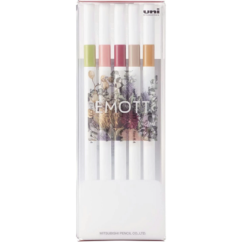 Uni EMOTT 5-Color Marker Set No. 10 Botanical. Five minimalist white fineliners (Apple Green, Carnation, Gladiolus Red, Dahlia, Pansy) in a standing plastic case. Lot de 5 feutres Uni EMOTT No. 10 Botanical. Cinq feutres minimalistes blancs (Vert pomme, Oeillet, Rouge glaïeul, Dahlia, Pensée) dans un étui de présentation.