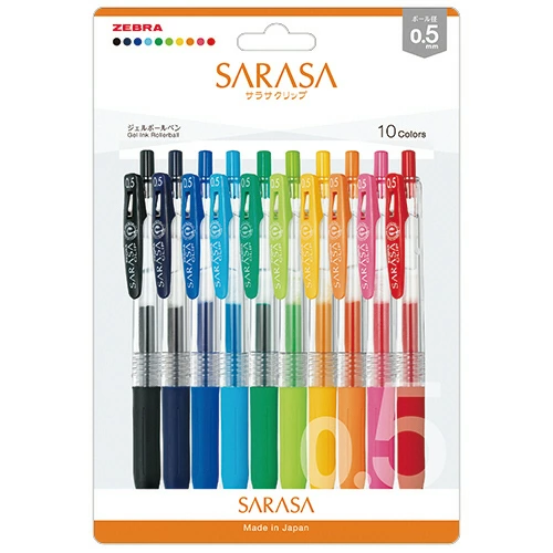 Zebra Sarasa Clip 0.5mm gel pen set of 10 classic colors in a clear plastic case. Features retractable pens with ergonomic rubber grips and matching color-coded pocket clips. Lot de 10 stylos gel Zebra Sarasa Clip 0,5 mm aux couleurs classiques dans un étui transparent. Stylos rétractables avec grips en caoutchouc ergonomiques et clips assortis.
