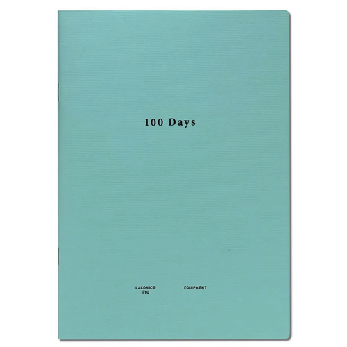 LACONIC Style Notebook A5 100 Days edition. A minimalist cream-colored daily journal showing a split-page grid layout with progress indicators for tracking a 100-day habit or short-term project. / Carnet de suivi LACONIC Style Notebook A5 Édition 100 Days. Un journal quotidien minimaliste beige présentant une mise en page en grille divisée pour suivre un défi ou un projet sur 100 jours.