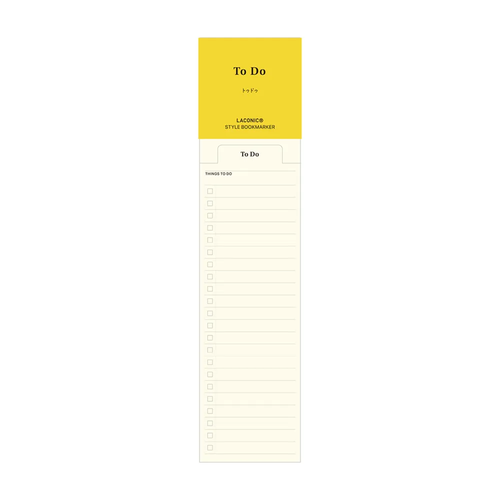 LACONIC Style Bookmark To Do edition. A pack of 24 slim checklist paper bookmarks showing a top fold-over tab mechanism clipped securely over a planner page edge to create a task list sidebar. / Marque-page bloc-notes LACONIC Style Bookmarker Édition To Do. Un lot de 24 marque-pages de listes de tâches munis d'un rabat supérieur repliable qui se clipse sur le bord d'une page de carnet pour créer un volet de cases à cocher.