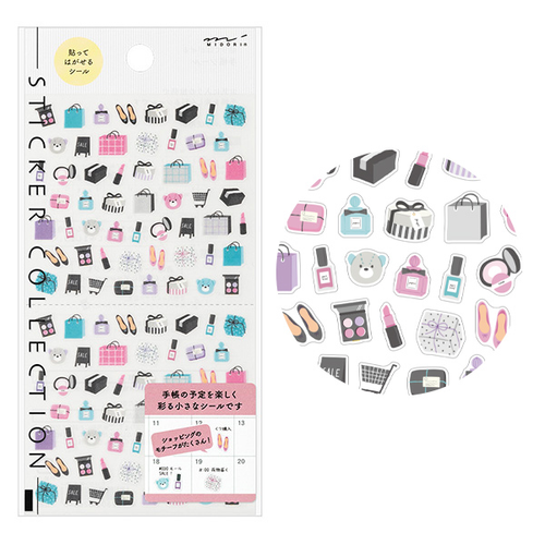 Midori transparent PET sticker sheet in Shopping theme, featuring colourful clear film illustrations of clothes, shopping bags, and gifts. / Feuille d'autocollants transparents en PET Midori sur le thème du Shopping, avec des illustrations colorées en film transparent de vêtements, de sacs de courses et de cadeaux.