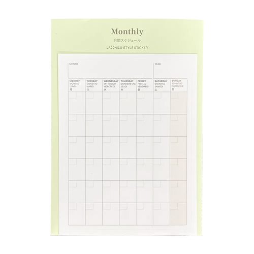 LACONIC Style Sticker Monthly pack showing a large undated monthly calendar planner sticker attached to notebook paper. / Lot de stickers LACONIC Style Monthly montrant un grand autocollant d'agenda mensuel non daté collé sur la page d'un carnet.