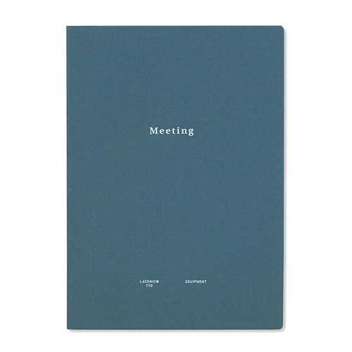 LACONIC Style Notebook A5 Meeting open to a two-page spread showing structured meeting minute fields, agenda sections, and action item boxes. / Carnet LACONIC Style A5 Meeting ouvert sur une double page montrant des champs structurés pour comptes-rendus de réunion, ordres du jour et actions à mener.