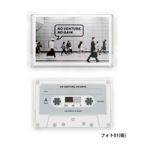 LACONIC in Action Street cassette tape-shaped notebook featuring a photo print of a Hong Kong MTR station tile wall, shown inside its clear jewel case with an index sheet. / Carnet LACONIC in Action Street en forme de cassette audio illustré d'une photo du carrelage d'une station de métro MTR de Hong Kong, présenté dans son boîtier transparent avec sa fiche d'index.