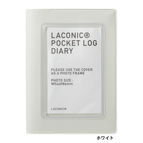LACONIC B7C Pocket Log Diary in Pocket White showing a clear front window with an Instax mini photo inserted alongside open daily log pages with meal trackers and weather prompts. / Carnet LACONIC B7C Pocket Log Blanc avec poche transparente montrant une photo format Instax mini sur la couverture et des pages de journal quotidien ouvertes avec suivi des repas et de la météo.