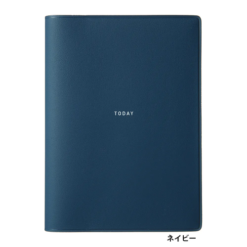 LACONIC B7C Pocket Log Diary in Navy blue shown closed and open to interior daily log pages featuring meal trackers, weather prompts, and grid notes. / Carnet LACONIC B7C Pocket Log Bleu Marine présenté fermé et ouvert sur des pages de journal quotidien avec suivi des repas, météo et notes quadrillées.
