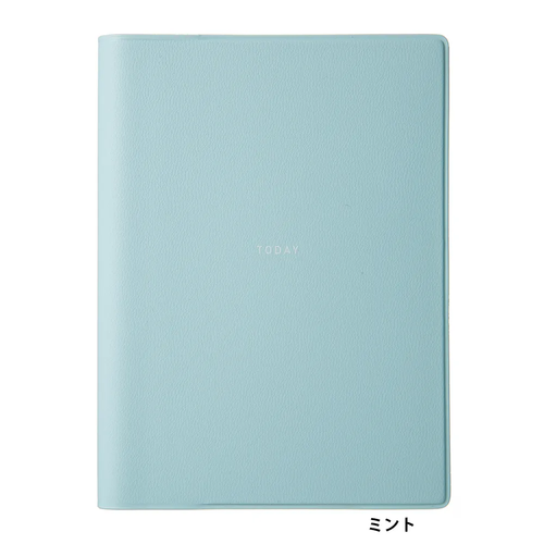 LACONIC B7C Pocket Log Diary in Mint green shown closed and open to interior daily log pages featuring meal trackers, weather prompts, and grid notes. / Carnet LACONIC B7C Pocket Log Vert Menthe présenté fermé et ouvert sur des pages de journal quotidien avec suivi des repas, météo et notes quadrillées.
