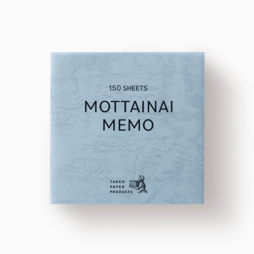 TAKEO PAPER MOTTAINAI MEMO Assorted 29 square pad featuring blue-gray embossed Lezac 66, white Edo Kozome scale pattern, and gray French Marble sheets. / Bloc-notes carré TAKEO PAPER MOTTAINAI MEMO Assortiment 29 présentant des feuilles Lezac 66 gaufré bleu-gris, Edo Kozome à motif d'écailles blanc et Marbre Français gris.