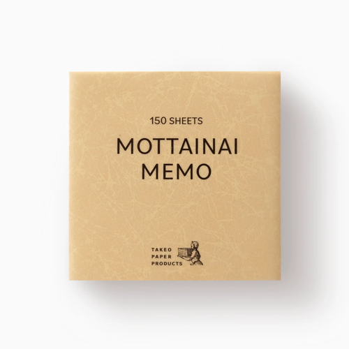 TAKEO PAPER MOTTAINAI MEMO Assorted 28 square pad featuring gold Lezac 82 Batik, Lily of the Valley Angle Color, and white coarse-striped Arajima sheets. / Bloc-notes carré TAKEO PAPER MOTTAINAI MEMO Assortiment 28 présentant des feuilles Lezac 82 Batik dore, Angle Color Muguet et Arajima blanc a rayures rugueuses.