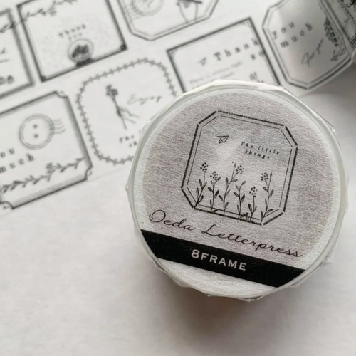 OEDA LETTERPRESS 8 Frame Japanese washi masking tape featuring eight illustrated frame motifs on a white background. / Ruban masquage washi japonais OEDA LETTERPRESS 8 Frame avec huit motifs d'encadrements illustrés sur fond blanc.