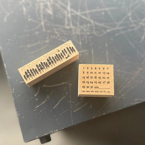oeda letterpress, oeda journal rubber stamp, oeda original stamp 011 012, monthly calendar rubber stamp, forest at night stamp, undated calendar stamp, bullet journal planner stamp, japanese wooden stamp, journal layout stamp, made in japan stationery