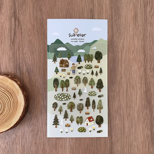 Suatelier Sticker sheet featuring a farmer with a lot of trees and various forest elements like mushrooms, animals, and leaves. / Planche d'autocollants Suatelier présentant un fermier avec de nombreux arbres et divers éléments forestiers tels que des champignons, des animaux et des feuilles.