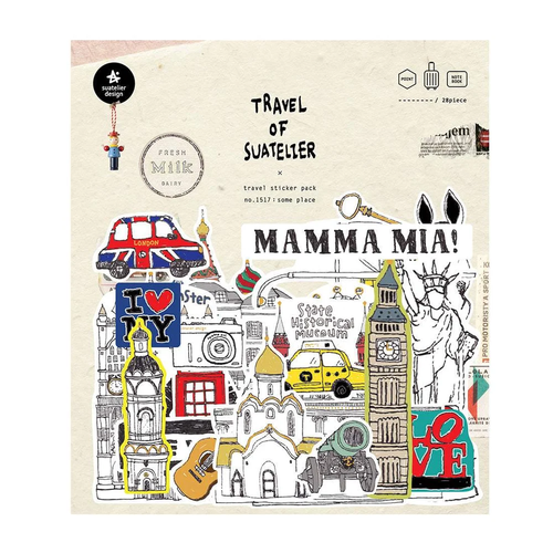 Suatelier Travel Sticker Set Some Place featuring large and small travel stickers representing Russia, the UK, and the US. / Ensemble d'autocollants de voyage Suatelier Some Place présentant de grands et petits autocollants de voyage représentant la Russie, le Royaume-Uni et les États-Unis.